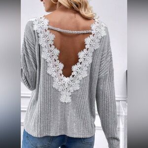 Cupshe Gray Long Sleeve Top with White Lace Detail